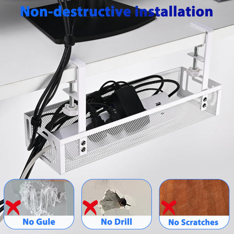Under Desk Cable Management Tray Small Clamp-Mounted Wire Organizer Cord Holder No-Drill Metal Tray for home office white