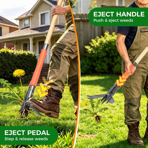 Stand Up Weed Puller Tool With 4-Claw Steel Head And Dual Eject, 43.7 Inch Bamboo Handle, Deep Root Remover For Lawn Garden Yard, Anti-Slip Pedal, No Bending Back Pain, Easy Weeding, shown with eject pedal and handle use