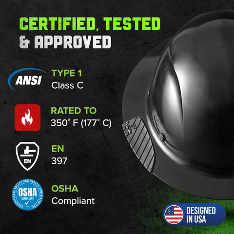 Fiber Reinforced Resin Full Brim Safety Helmet With 6 Point Suspension Black helmet with certifications and USA design badge