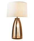 Vintage Farmhouse Wood Two Light Table Lamp With Netted Shade And Old Wood Base White Fabric Shade Dual Sockets 3 Way Bulb Capability