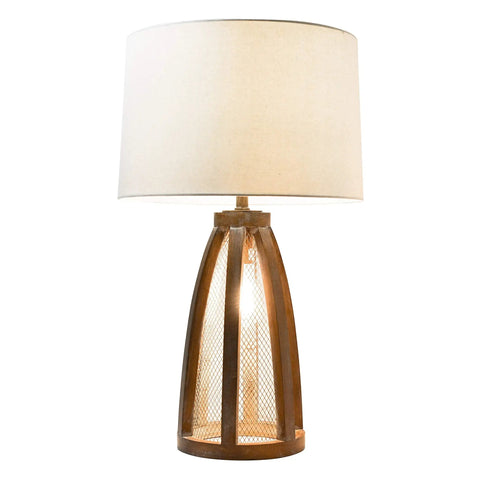Vintage Farmhouse Wood Two Light Table Lamp With Netted Shade And Old Wood Base White Fabric Shade Dual Sockets 3 Way Bulb Capability