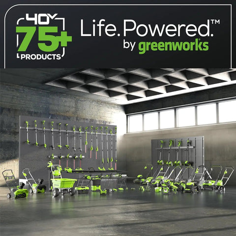 Showcase of 75+ 40V cordless garden tools including string trimmers and mowers for landscaping by Greenworks.
