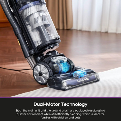 Eureka Dual Cyclone Bagless Vacuum Cleaner With Anti-Tangle Brush Roll For Pet Hair And Carpet. Powerful Suction, Lightweight Cleaning Solution For Homes. Easy Empty Dust Cup, Complete Accessory Set For Whole House Maintenance. Sleek Blue Design, Quiet