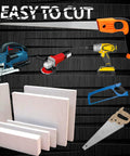 Five white ceramic fiber insulation boards in various sizes, shown with woodworking tools on a dark background.