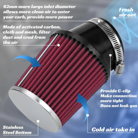 Close-up of air filter from Predator 212 Stage 1 Carb Kit With 212 Exhaust Pipe, showing 62mm diameter and stainless steel bottom.