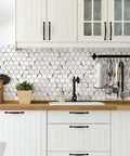 White kitchen with Hexagon Peel and Stick Metal Backsplash Tiles Kit, 12x12 Aluminum Mosaic, 10 Self Adhesive Sheets, Golden Finish.