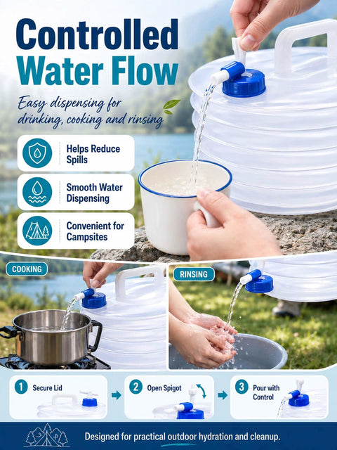 Pouring water from Foldable Water Container With Spigot For Camping And Travel 3 Liter Accordion Water Jug into a cup