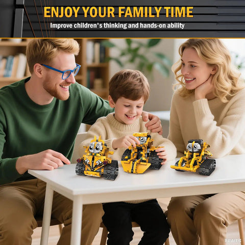 Family enjoying 5 In 1 STEM Robot Kit For Kids Ages 8 To 16 With App And Remote Control, building models together