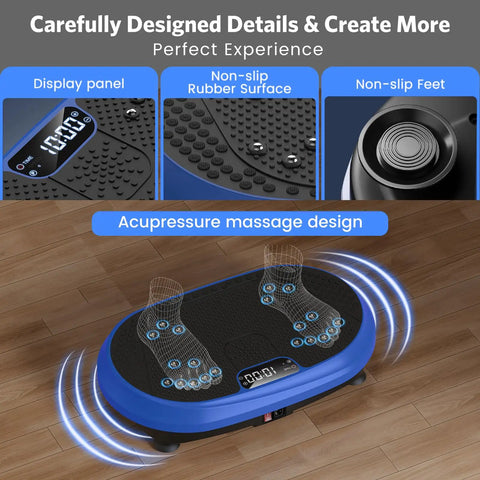 Blue full body vibration platform for home workouts with Bluetooth, showcasing display panel and non-slip rubber surface