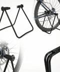 Foldable Aluminum Bike Stand for Road Bikes Mountain Bikes and E Bikes, Portable Floor Rack with bike on stand and close up view