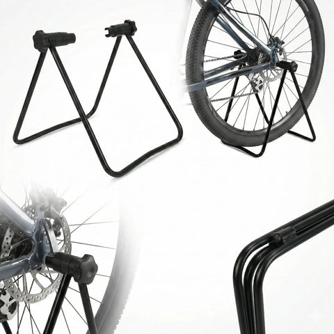Foldable Aluminum Bike Stand for Road Bikes Mountain Bikes and E Bikes, Portable Floor Rack with bike on stand and close up view