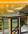 Wooden Chicken Coop With Run Outdoor Hen House Poultry Hutch featuring weatherproof roof and wire fence in a rain setting.