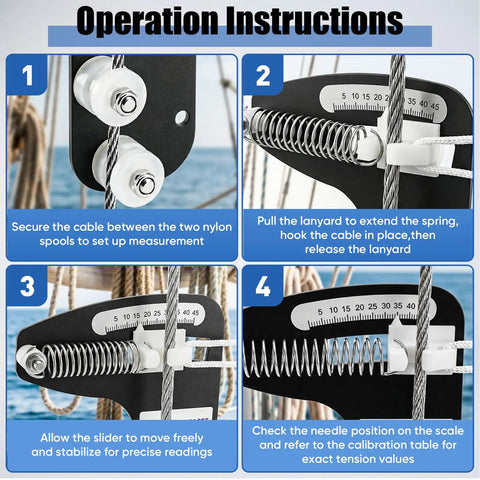 Hands Off Sailboat Rigging Tension Gauge For Wire Rope And Cable Fit In Three Thirty-Second Inch, One Eighth Inch, And Five Thirty-Second Inch Sizes, Eight Hundred Pound Rating, Accurate Tool To Prevent Over Tightening And Under Tightening. operation instructions showing gauge on sailboat wire rope