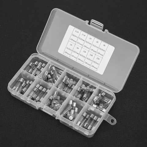 Straight Up 5Mm By 20Mm Glass Fuse Assortment Kit 100 Piece Clear Tube Collection opened, showing sorted fuses in a tray.