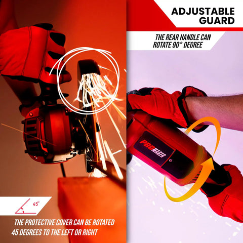 Rugged 7 Inch Angle Grinder With 17.2 Amp Motor 8400 RPM Industrial Electric Grinder showing adjustable guard and sparks