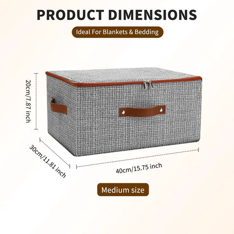 Top Shelf Washable Fabric Storage Bins With Zippered Lids And Sturdy Faux Handles Houndstooth Pattern dimensions showing medium size, ideal for blankets.