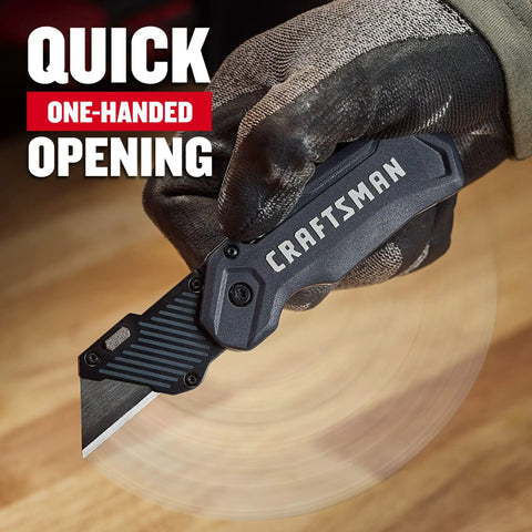 Heavy Duty Compact Folding Utility Knife Featuring Slick One Hand Push Button Opening with textured grip for reliable cuts.