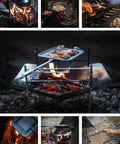 Solo Grill A4 Portable Camping Fire Pit for outdoor use showing foldable frame and grilling food
