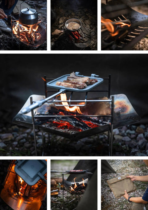 Solo Grill A4 Portable Camping Fire Pit for outdoor use showing foldable frame and grilling food