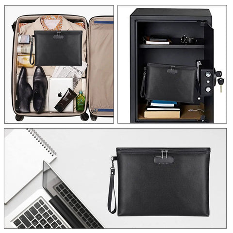 Fireproof and waterproof document bag with lock for A4 papers, cash, passport, phone and tablets, shown in suitcase and safe