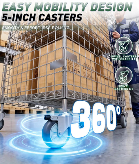 Heavy Duty Chrome Wire Security Cart Nsf Listed Mobile Storage Cage Kit Built Like A Tank For Warehouse Grocery Storage Featuring Rock Solid Mesh Design With Adjustable Shelves Handling Fifteen Hundred Pounds Daily Game Changer showing 5-inch swivel casters for easy mobility.