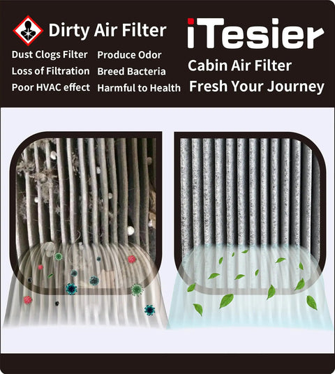 Comparison of dirty vs clean cabin air filter, highlighting benefits of Engine Cabin Air Filter Kit For Mazda CX 30 2020 To 2024 Mazda CX 50 2023 To 2024 And Mazda 3 2019 To 2026 Replacement Not For Hybrid With Easy Install Drop In And Premium Filtration For Fresh Air And Clean HVAC.