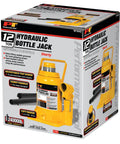 Product packaging of Beefy 12 Ton Heavy Duty Shorty Bottle Jack showing low profile design and adjustable screw top extender.