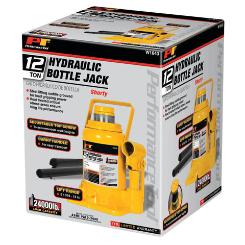 Product packaging of Beefy 12 Ton Heavy Duty Shorty Bottle Jack showing low profile design and adjustable screw top extender.