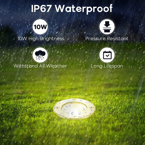 Low Voltage RGBW Landscape Lights 10W Warm White LEDs Remote Control With 3 Brightness Levels IP67 showcasing waterproof features