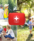 Red compact first aid kit with white cross logo; 228-piece set in waterproof EVA case, shown with outdoor family activities.