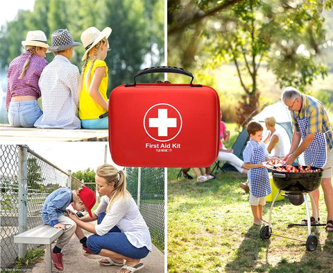 Red compact first aid kit with white cross logo; 228-piece set in waterproof EVA case, shown with outdoor family activities.