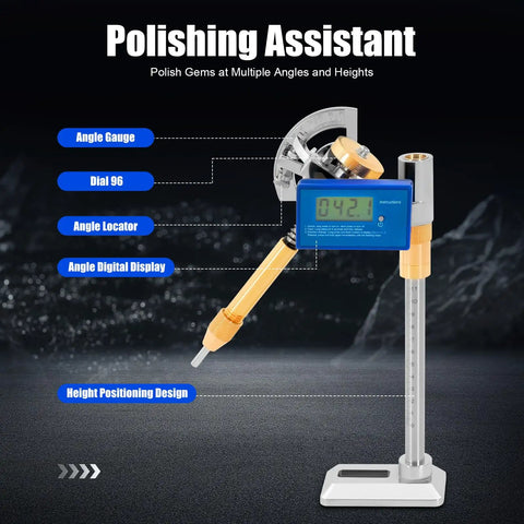 Digital Display Angle Manipulator For Gem Faceting And Jade Jewelry Making, Pro Grade High Precision Grinding Tool With Dial Angle Gauge, Height Positioning, Polishing Handle, 96 Index Wheel, Efficient Faceting Equipment shown with digital display and angle gauge