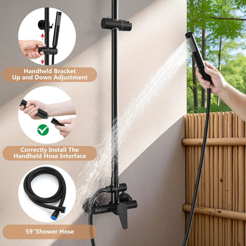 Heavy Duty Outdoor Shower Kit Including 8 Inch Rain Faceplate And Handheld Wand In Matte Black Done Right On 304 Stainless Steel For Decks Pools And Yards Rock Solid Construction With Rust Resistant Armor That Kicks Summer Heat