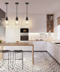 Modern kitchen with 3 Pack Industrial Pendant Lights With Seeded Glass Shades, Black Farmhouse Ceiling Lighting For Hallway, Porch, Kitchen And Bedroom, Dope Modern Indoor Hanging Lamps, Bulb Not Included above white countertop