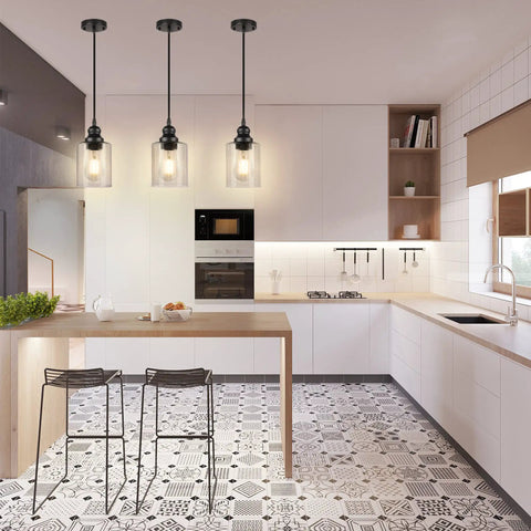 Modern kitchen with 3 Pack Industrial Pendant Lights With Seeded Glass Shades, Black Farmhouse Ceiling Lighting For Hallway, Porch, Kitchen And Bedroom, Dope Modern Indoor Hanging Lamps, Bulb Not Included above white countertop