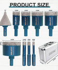 Diamond Drill Bits Set With Triangle Shank For Porcelain Tile Ceramic Marble Brick, 9-Piece Kit Includes 6/8/10/20/25/32/35/50mm Bits And 35mm Bevel Chamfer Bit, Pro Grade For Quick Clean Tile Drilling And Chamfering, product size shown with case.