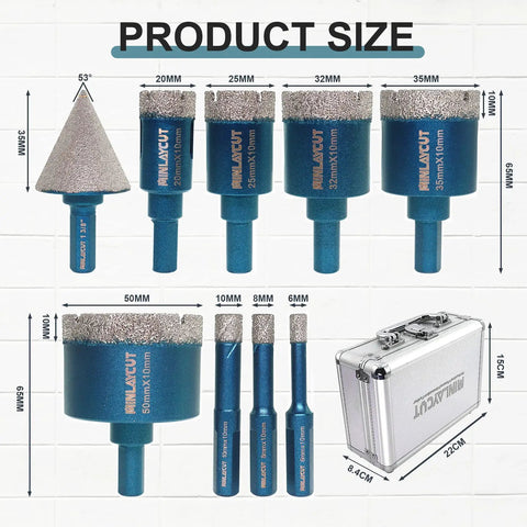 Diamond Drill Bits Set With Triangle Shank For Porcelain Tile Ceramic Marble Brick, 9-Piece Kit Includes 6/8/10/20/25/32/35/50mm Bits And 35mm Bevel Chamfer Bit, Pro Grade For Quick Clean Tile Drilling And Chamfering, product size shown with case.