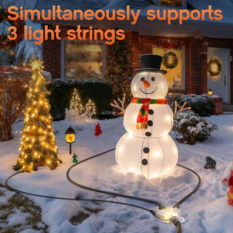 Three Outlet Outdoor Extension Cord powering light-up snowman in winter garden. 25 Ft 16 AWG 3 Conductor Waterproof SJTW ETL Listed