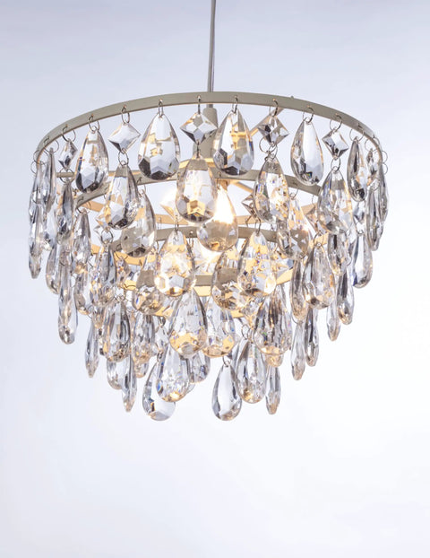 Plug In Crystal White Dome Chandelier with Five Tiers of Clear Acrylic Crystals, White Metal Frame, 10 by 11.5 Inch