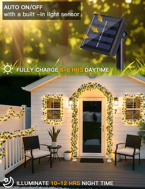 Solar Ivy String Lights Outdoor Waterproof 33Ft 100 LED Fake Vines illuminate house and patio at night with warm white light