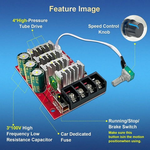 Brushed DC Motor PWM Speed Controller 7-70V 30A Adjustable Variable Speed Module With Brake Switch, heat sink, capacitors