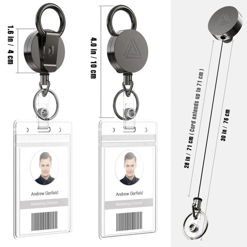 Two Pack Heavy Duty Metal Retractable Badge Holder Reels With Belt Clip And Waterproof Vertical Clear ID Card Holder Plus Two Extra Carabiner Key Ring Clips 30 Inch Dyneema Pull Cord Durable Office Access Kit showing dimensions and cords