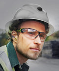 Worker wearing MX300 Safety Glasses With Anti Fog Lenses ANSI Z87 Plus 100 Percent UV Protection CBR65 Blue Light Blocking Lenses