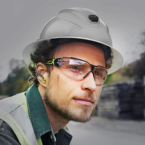 Worker wearing MX300 Safety Glasses With Anti Fog Lenses ANSI Z87 Plus 100 Percent UV Protection CBR65 Blue Light Blocking Lenses