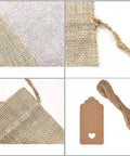 Close-up of assorted burlap jewelry pouches set of 51 small gift bags detail with twine and heart-cut tag for weddings.