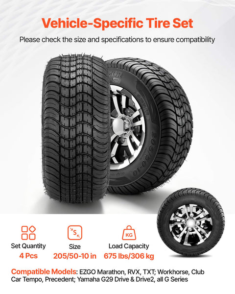 Four 205/50-10 Golf Cart Wheels And Tires Set With 10 Inch Aluminum Alloy Rims, Beefy 4 Ply Rubber, All Terrain