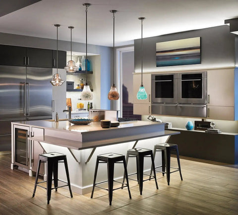 Modern kitchen with Crystal Ball 12.75 Inch 1 Light Mini Pendant featuring Blue Mosaic Glass in Brushed Nickel over island