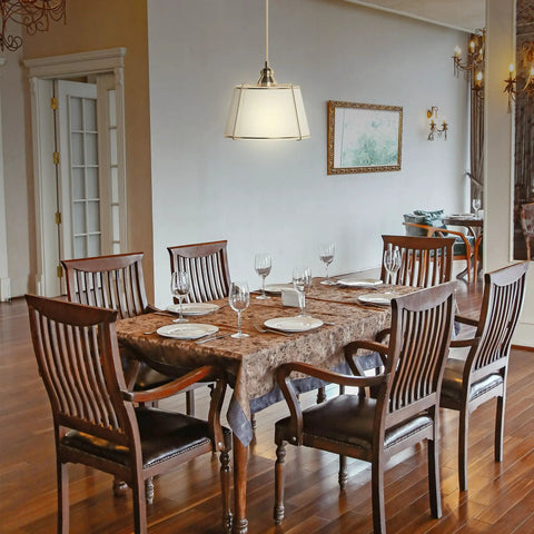 Dining room with Cozy Linen Shade Pendant Light With Cream White Shade In Gold Cage, Adjustable Cord And Canopy, ETL Listed.