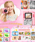 Kids Camera With Instant Print No Ink Thermal Photo Printer Pink For Ages 3 To 12, Easy Snap And Share, Perfect Birthday Gift For Girls, Inkless Printing, Color Paper Optional Not Included, Durable Fun For Young Shutterbugs pink kids instant print camera with LCD screen and photo printout