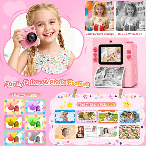 Kids Camera With Instant Print No Ink Thermal Photo Printer Pink For Ages 3 To 12, Easy Snap And Share, Perfect Birthday Gift For Girls, Inkless Printing, Color Paper Optional Not Included, Durable Fun For Young Shutterbugs pink kids instant print camera with LCD screen and photo printout